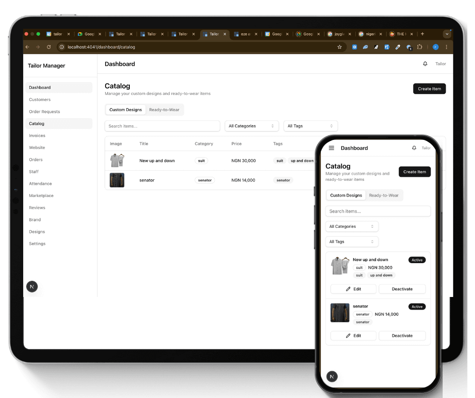 Tilorkit tailor catalog and order request preview